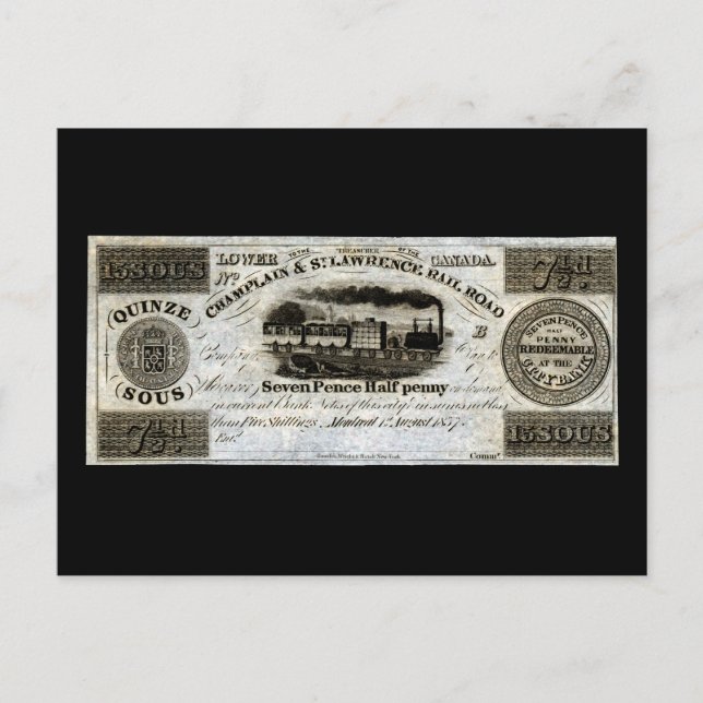 1837 Canadian Railroad Currency Vykort (Framsida)
