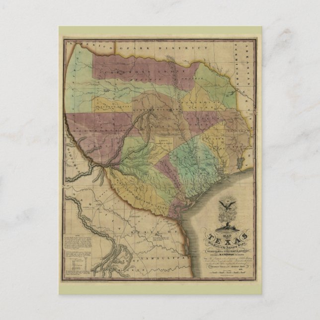 1837 Karta i Texas, med delar till angränsande Sta Vykort (Framsida)