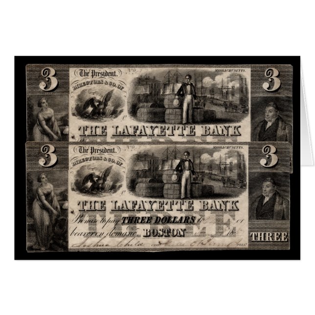 1837 Lafayette Bank Three Dollar Note Hälsningskort (Framsidan Horizontal)