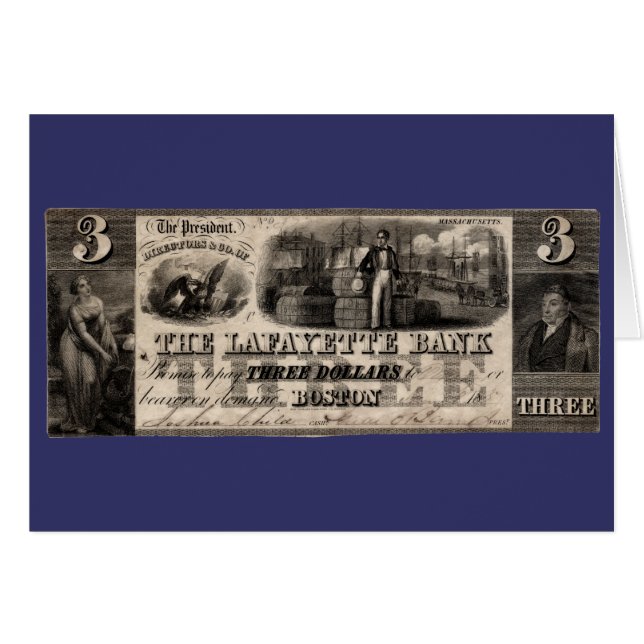 1837 Lafayette Bank Three Dollar Note Hälsningskort (Framsidan Horizontal)