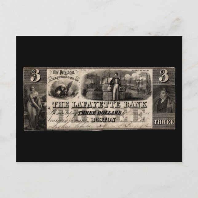 1837 Lafayette Bank Three Dollar Note Vykort (Framsida)