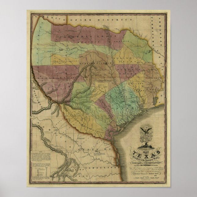 1837 Texas Karta med delar av angränsande Stater Poster (Framsidan)