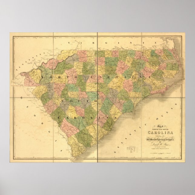 1839 North Carolina och South Carolina Karta Poster (Framsidan)