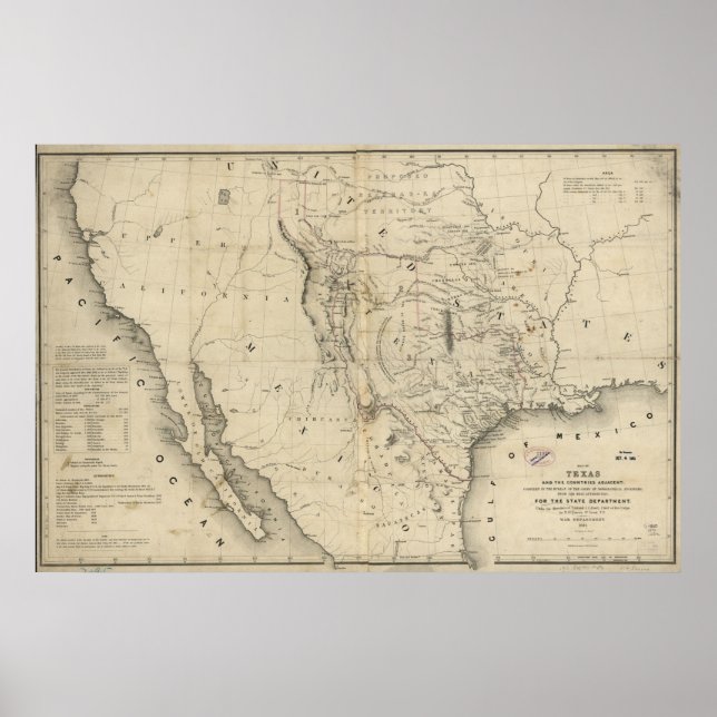 1844 Karta i Republiken Texas & Land intill Poster (Framsidan)