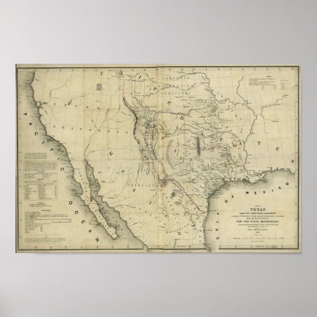 1844 Karta i Texas och Land intill Poster (Framsidan)