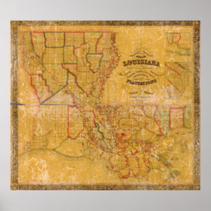 1848 Louisiana Plantations Karta Poster