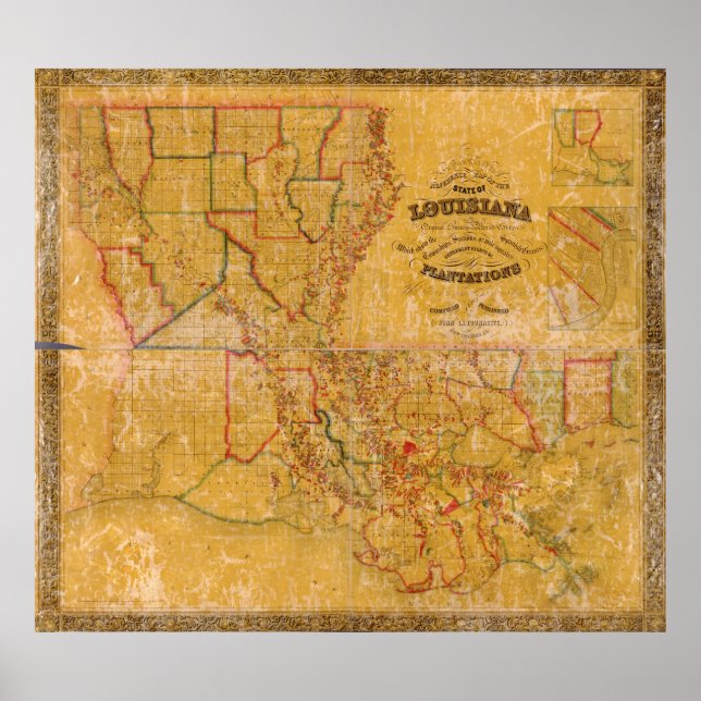 1848 Louisiana Plantations Karta Poster (Framsidan)