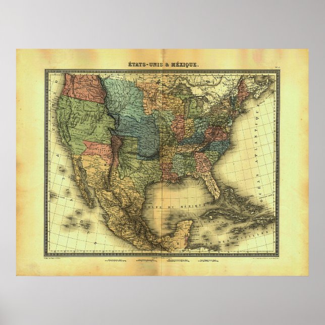 1848 Thunot Duvotenay Karta: Etats-Unis & Mexique Poster (Framsidan)