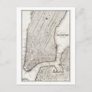 1850 Antik karta över Manhattan, New York Vykort