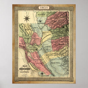 1851 Gining Karta i Kalifornien Poster