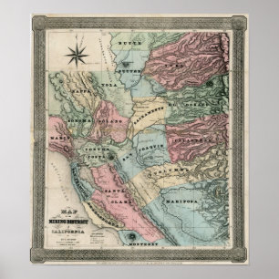 1851 Karta i Kaliforniens gruvdistrikt Poster