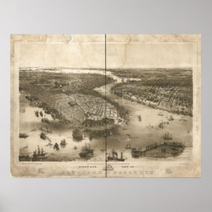 1851 New York & Brooklyn Birds Öga Panoramic Karta Poster