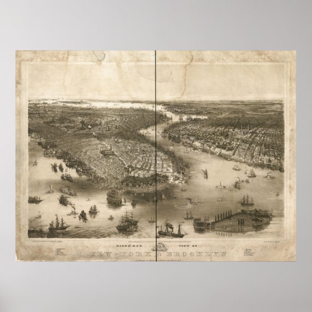 1851 New York & Brooklyn Birds Öga Panoramic Karta Poster (Framsidan)