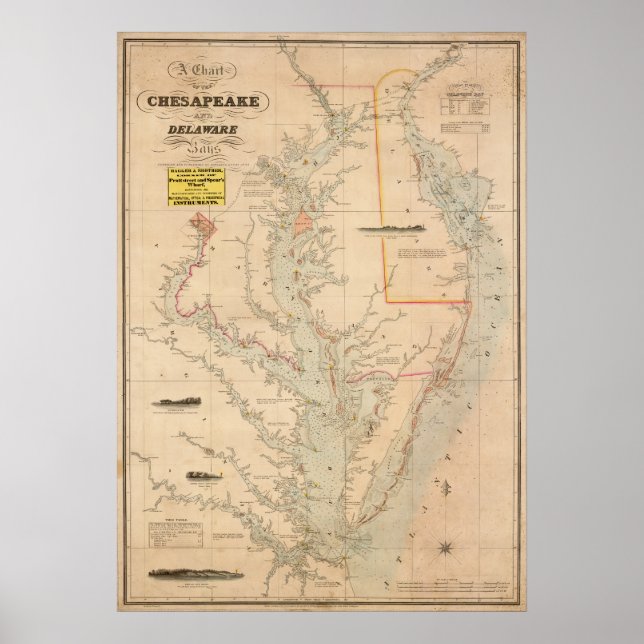 1852 Diagram över chesapeake och Delaware Bays Poster (Framsidan)