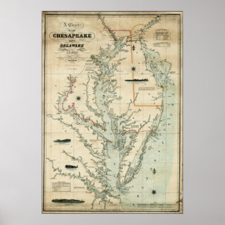 1852 Diagram över chesapeake och Delaware Bays Poster
