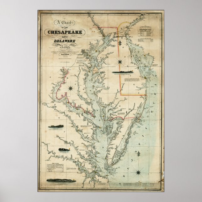 1852 Diagram över chesapeake och Delaware Bays Poster (Framsidan)