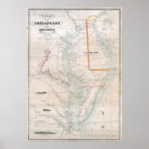 1852 Diagram över chesapeake och Delaware Bays Poster