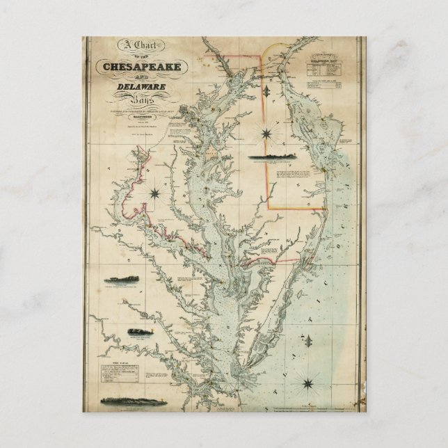 1852 Diagram över chesapeake och Delaware Bays Vykort (Framsida)