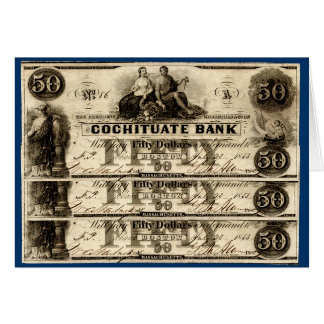 1853 Cochituate 50 Dollar Note Hälsningskort (Framsidan Horizontal)