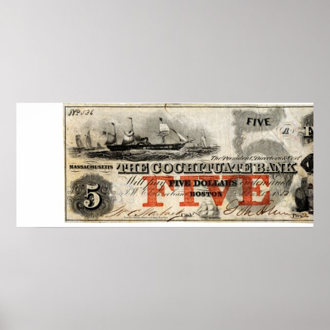 1853 Fem dollar Cochituate Bank Note Poster (Framsidan)