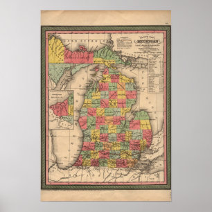 1853 Michigan Karta, Vintage Poster