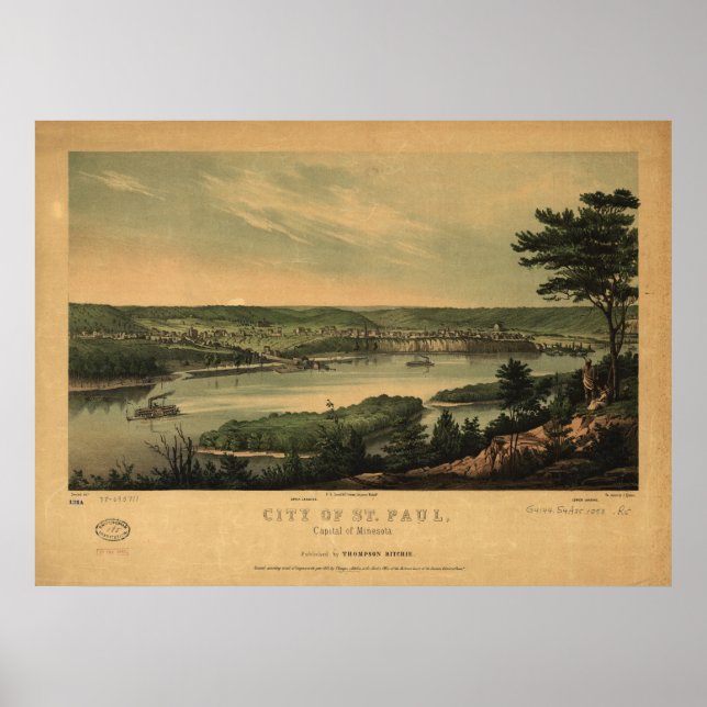 1853 Saint Paul, MN Birds Öga View Panoramic Karta Poster (Framsidan)