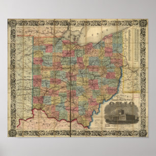 1854 Antique Rail Karta i Ohio Poster