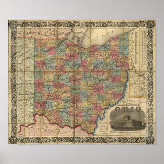 1854 Antique Rail Karta i Ohio Poster