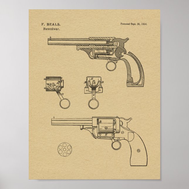 1854 Gun Revolver Patent Art Teckning Skriv ut Poster (Framsidan)