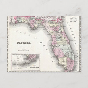 1855 Colton Karta i Florida Vykort