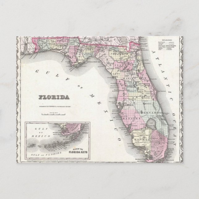1855 Colton Karta i Florida Vykort (Framsida)