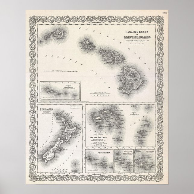 1855 Colton Karta på Hawaii och Nya Zeeland Poster (Framsidan)