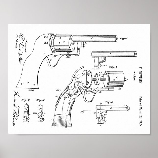1855 Gun Revolver Patent Art Teckning Skriv ut Poster (Framsidan)