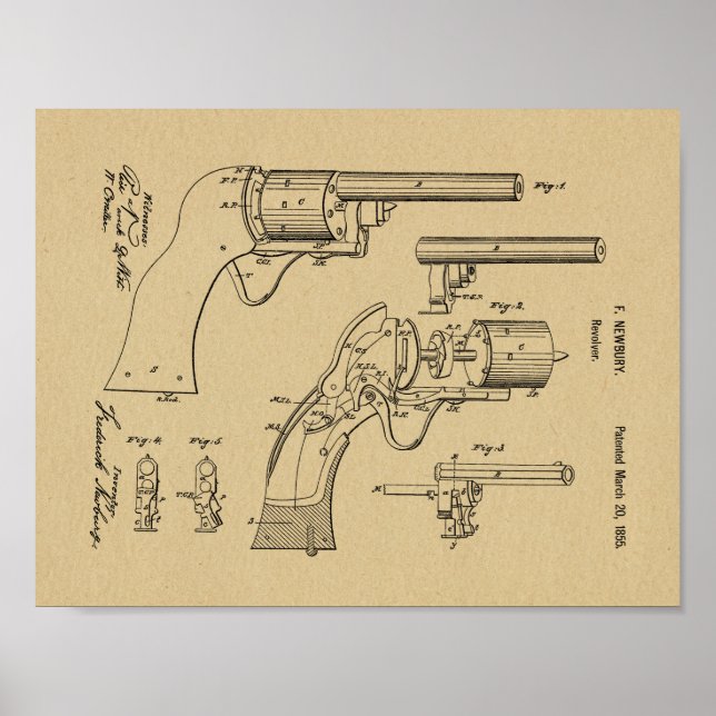 1855 Gun Revolver Patent Art Teckning Skriv ut Poster (Framsidan)