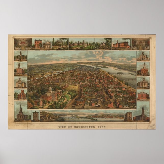 1855 Harrisburg, PA Birds Öga View Panoramic Karta Poster (Framsidan)