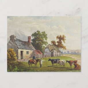 1855 Vintage Farm Watercolor Postcard Vykort