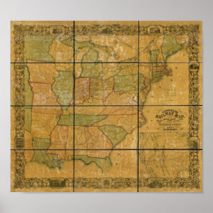 1856 Antique Railroad Karta i Förenta Stater Poster