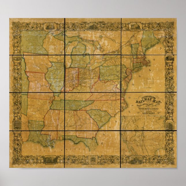 1856 Antique Railroad Karta i Förenta Stater Poster (Framsidan)