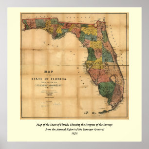 1856 Karta i delstaten Florida av Columbus Drew Poster