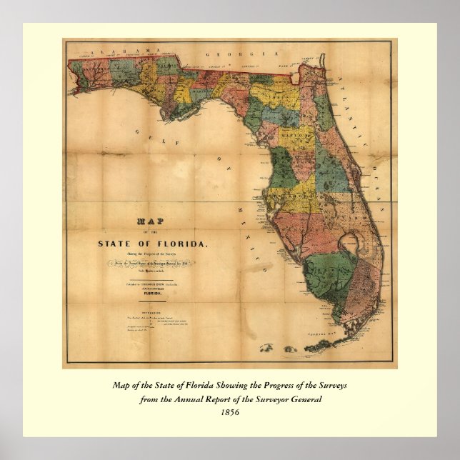 1856 Karta i delstaten Florida av Columbus Drew Poster (Framsidan)