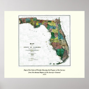 1856 Karta i delstaten Florida av Columbus Drew Poster