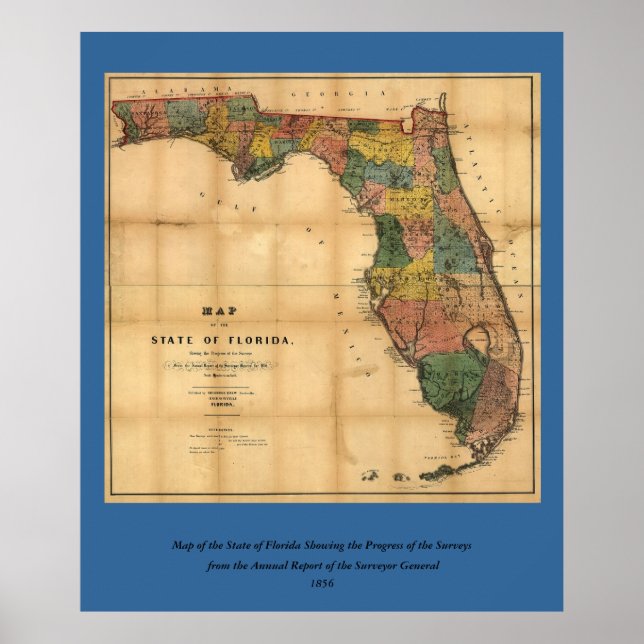1856 Karta i delstaten Florida av Columbus Drew Poster (Framsidan)
