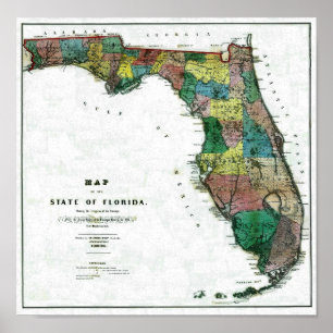 1856 Karta i delstaten Florida av Columbus Drew Poster