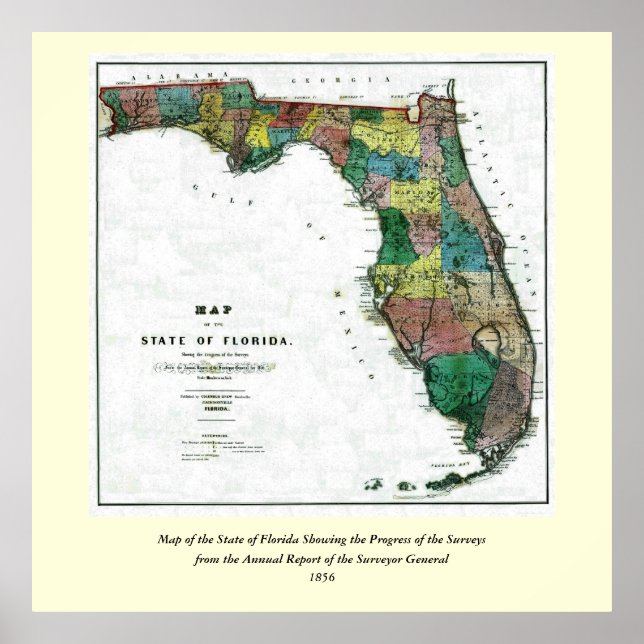 1856 Karta i delstaten Florida av Columbus Drew Poster (Framsidan)