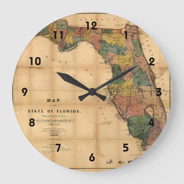 1856 Karta i delstaten Florida av Columbus Drew Stor Klocka (Framsida)