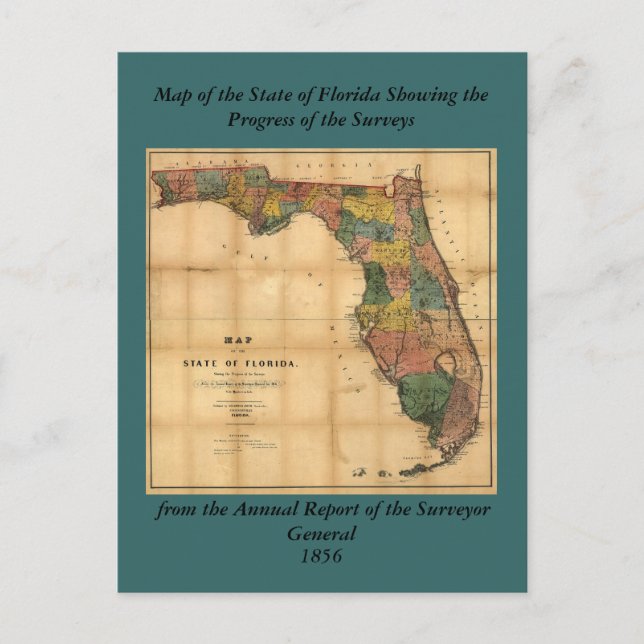 1856 Karta i delstaten Florida av Columbus Drew Vykort (Framsida)