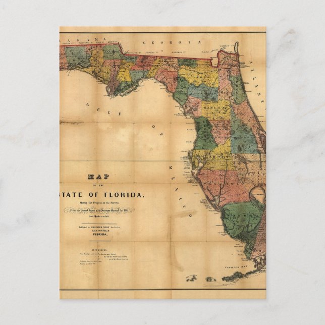 1856 Karta i delstaten Florida av Columbus Drew Vykort (Framsida)