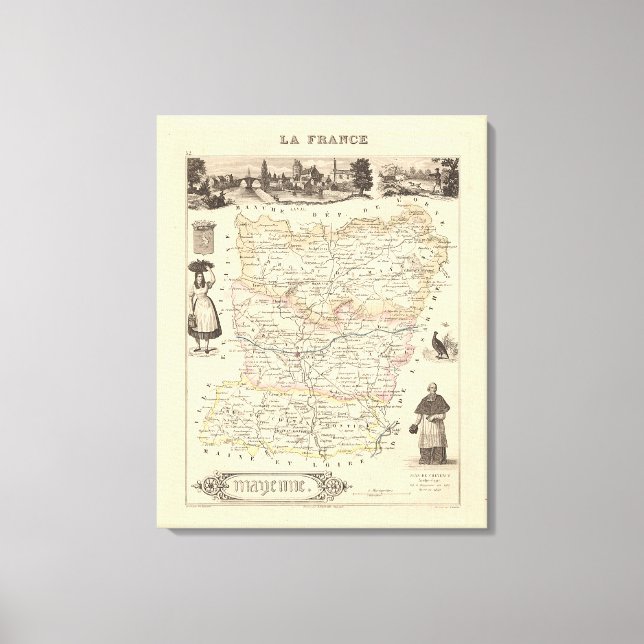 1858 Karta från Mayenne Department, Frankrike Post Canvastryck (Framsida)