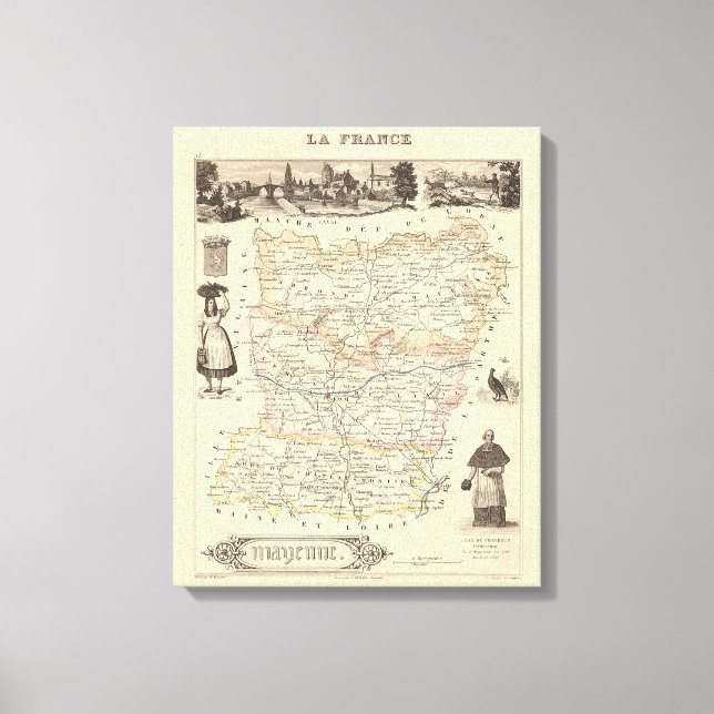 1858 Karta från Mayenne Department, Frankrike Post Canvastryck (Framsida)