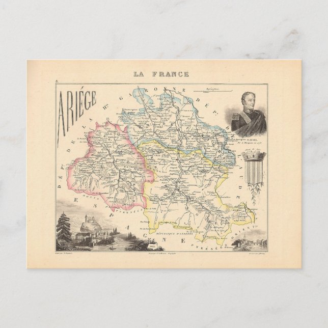 1858 Karta i Ariege Department, Frankrike Vykort (Framsida)